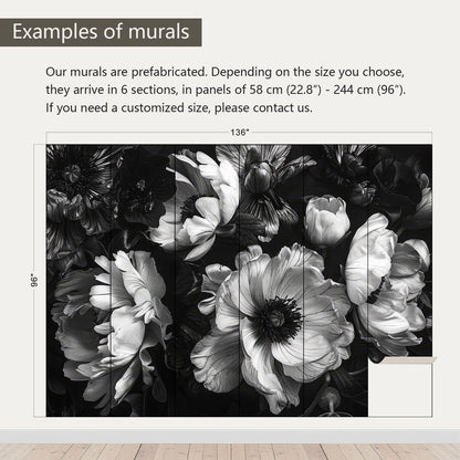 AFZEVEB-Black Peony Floral Wallpaper Vintage Large Flower Wall murals for Bedroom 136"x96"(Not Peel and Stick)
