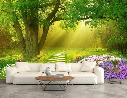 Forest Wallpaper Flower and Road in Forest Wall Mural for Bedroom Living Room TV Background Sofa Wall（Not Peel and Stick）