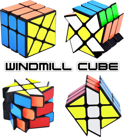 JoyTown Speed Cube Set of 2 Bundle Pack Windmill Cube Magic Puzzle, YJ Axis V2 New Version Fluctuation Angle Twisty Puzzle, Odd 3x3 Speedcubing with Bonus Stands Black