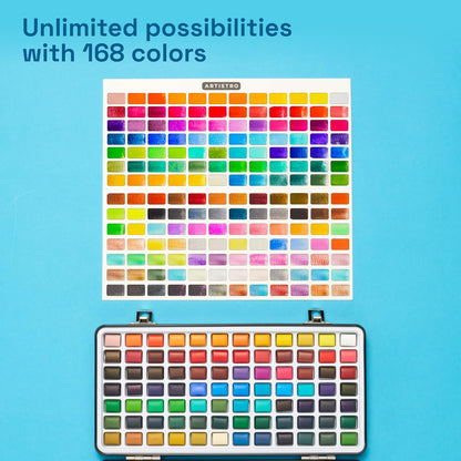 ARTISTRO 168 Watercolor Paint Set, Vivid Colors in Portable Box, Palette set. Perfect Travel Watercolor Set for Artists, Amateur Hobbyists and Painting