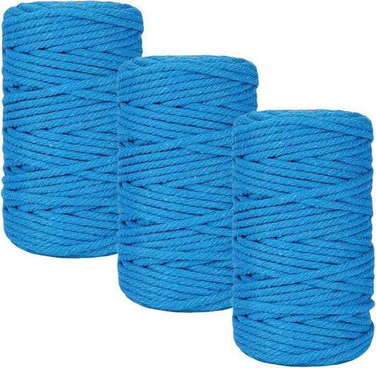 Macrame Cord 3mm x 164 Yards, 3 Rolls Blue Colored Macrame Cotton Cord Rope Kit Macrame Yarns Bulk String 4 Strands Twisted for Wall Hanger Plant Hanging DIY Crafts Knitting Macrame Supplies