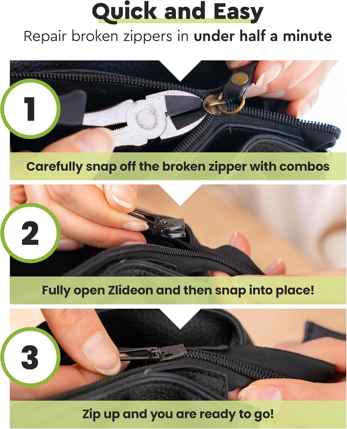 ZlideOn Zipper Pull Replacement - 1pcs, Black, Waterproof (L) - Instant Zipper Replacement Slider