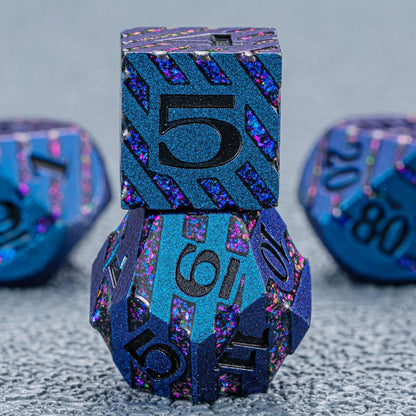Metallic Glitter Stripes D&D Dice Set,7 PCS Polyhedral Dice Set with Gift,RPG Metal Dice Set Dungeons and Dragons Tabletop Game (Blue+Light Purple)