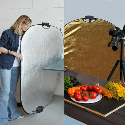 WELLMAKING 35''x47'' (90x120cm) Reflector Photography with Threaded Handle, Collapsible Light Reflector with Bag & tilt Adapter, 5in1 Reflector for Studio - Translucent, Silver, Gold, White and Black