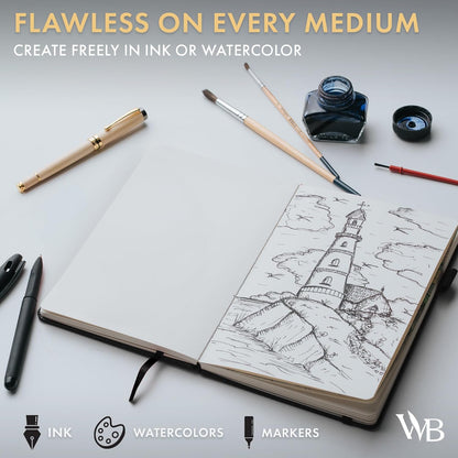 Wordsworth & Black A5 Mixed Media Journal 96 Mix Pages, Hardcover Leather, 190 GSM Paper, Journaling Notebook for Work & Sketching, Journals for Women, Men - Gifts Box Included Black