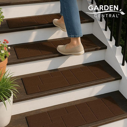 Garden Central 4-Pack 24”x10” Fake Cobblestone Rubber Stair Treads, Rectangular, Brown – Reversible Non-Slip Faux Stepping Stones for Landscaping Pathways – DIY Decor for Indoor & Outdoor Steps