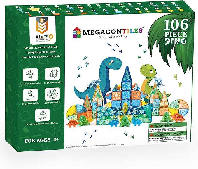 Dinosaur Magnetic Tiles Set 106PCS | STEM-Authenticated Magnet Building Blocks with Dinosaur Animals | Educational Construction Toy for Toddlers & Kids Ages 3–8 (Boys & Girls)
