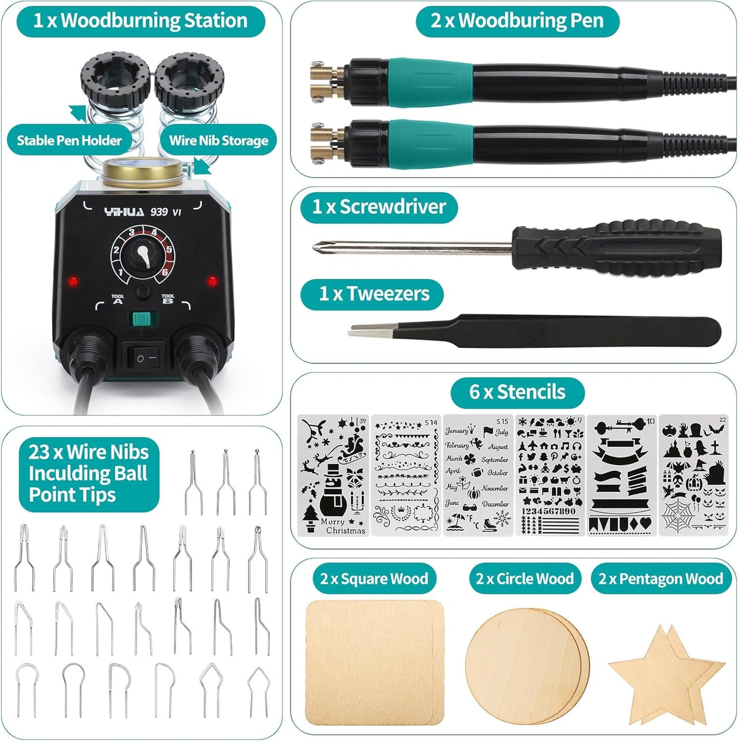 YIHUA 939-VI Dual Wood Burning Pen Wood Burning Kit with 23 Wire Nib in Varied Shapes, Detachable Pyrography Pen, 6 Wood Pieces, 6 Stencils and Screw Driver, Tweezers Used as Wood Burning Tool - Crafty Corner