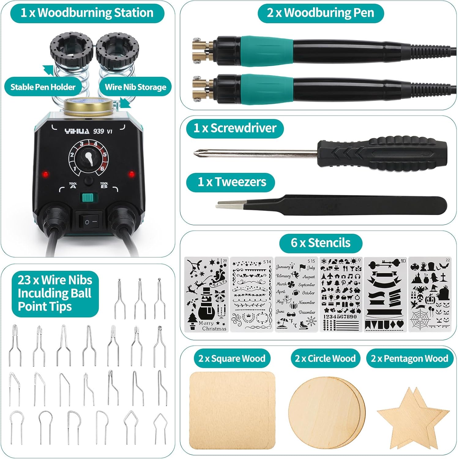 YIHUA 939-VI Dual Wood Burning Pen Wood Burning Kit with 23 Wire Nib in Varied Shapes, Detachable Pyrography Pen, 6 Wood Pieces, 6 Stencils and Screw Driver, Tweezers Used as Wood Burning Tool - Crafty Corner