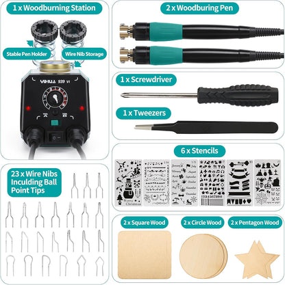 YIHUA 939-VI Dual Wood Burning Pen Wood Burning Kit with 23 Wire Nib in Varied Shapes, Detachable Pyrography Pen, 6 Wood Pieces, 6 Stencils and Screw Driver, Tweezers Used as Wood Burning Tool - Crafty Corner