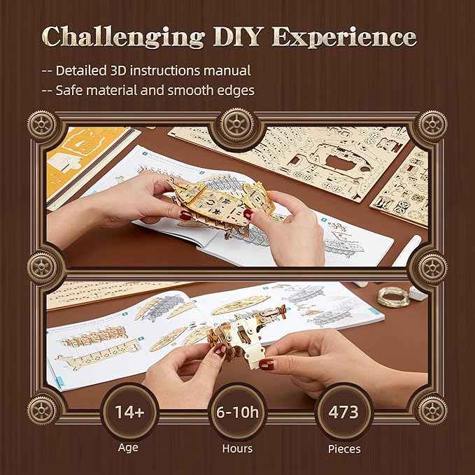 LED 3D Wood Puzzle Fantasy Airship Model - Steampunk DIY Craft Kit with LED Lights – Intricate Wooden Airship Model Building Set for Teens and Adults(White)