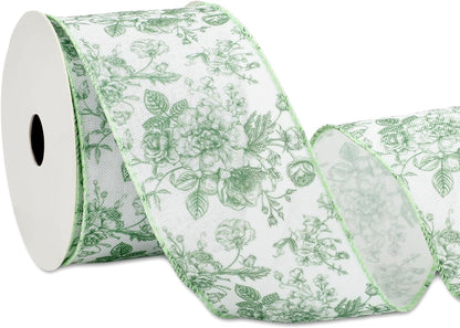 AnyDesign Floral Wired Edge Ribbon Roll Green Flower Ribbon Chinoiserie Fabric Ribbon for Wreath Bow Making DIY Crafts Gift Wrapping, 12 Yard - Crafty Corner
