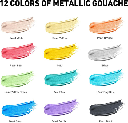HIMI Metallic Jelly Gouache Paint Set, 12 Colors 12g, Jelly Cup Design, Travel carry, Gouache Paint Non Toxic for Canvas and Paper, Art Supplies for Professionals and Beginner