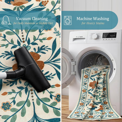 Morebes Floral 9x12 Area Rug for Living Room, Washable Large Rug for Bedroom Non Slip, Soft Boho Vintage Flower Birds Distressed Throw Carpet for Dinning Room Playroom, Beige/Multi