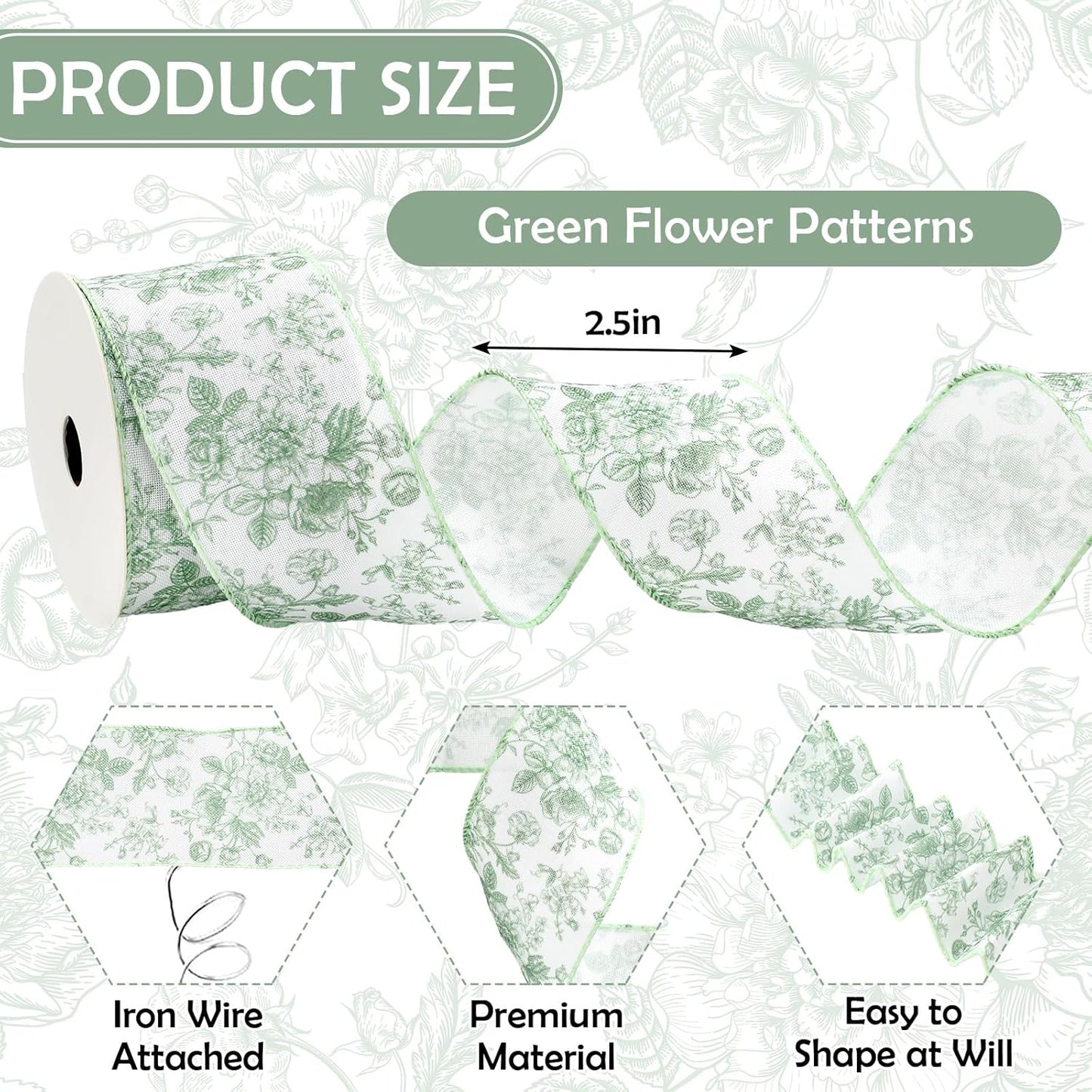 AnyDesign Floral Wired Edge Ribbon Roll Green Flower Ribbon Chinoiserie Fabric Ribbon for Wreath Bow Making DIY Crafts Gift Wrapping, 12 Yard - Crafty Corner