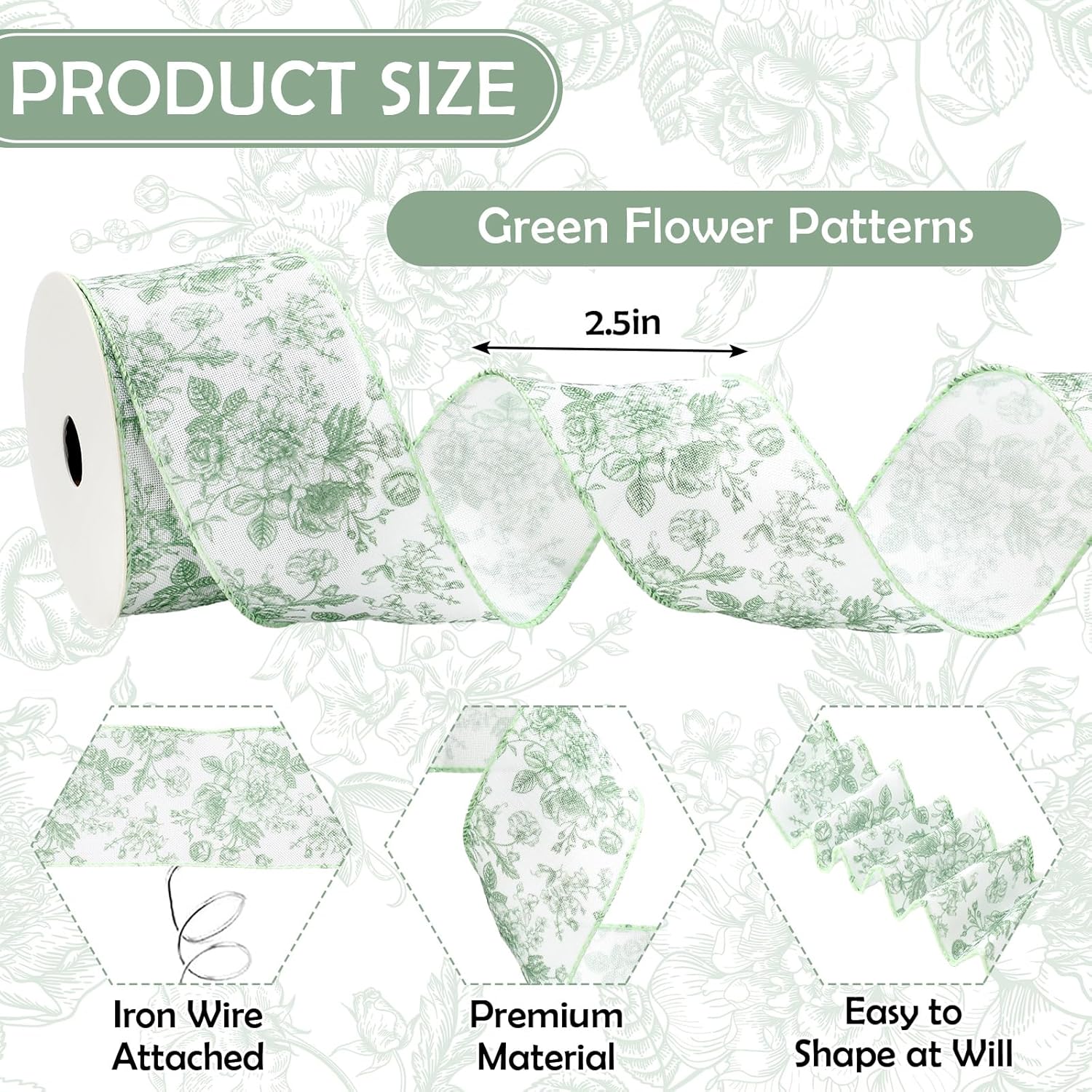 AnyDesign Floral Wired Edge Ribbon Roll Green Flower Ribbon Chinoiserie Fabric Ribbon for Wreath Bow Making DIY Crafts Gift Wrapping, 12 Yard - Crafty Corner