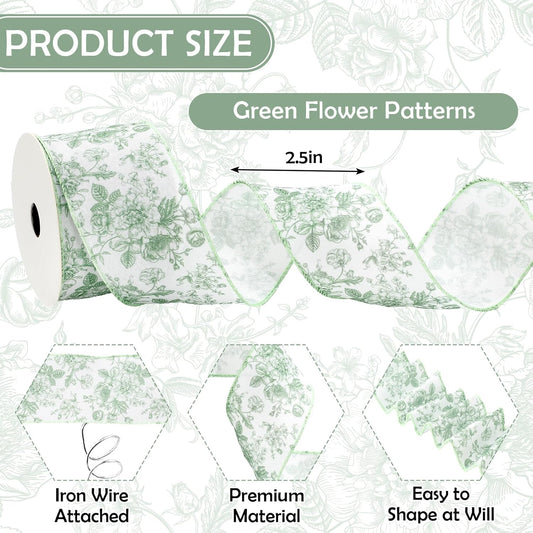 AnyDesign Floral Wired Edge Ribbon Roll Green Flower Ribbon Chinoiserie Fabric Ribbon for Wreath Bow Making DIY Crafts Gift Wrapping, 12 Yard - Crafty Corner