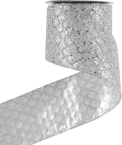 HUIHUANG Silver Christmas Ribbon 4 inch Silver Glitter Wired Ribbon Diamond Mesh Wire Ribbon for X-mas Tree Decorations, Wreaths, Garland, Large Bows Making, Home Decor -10 Yards - Crafty Corner