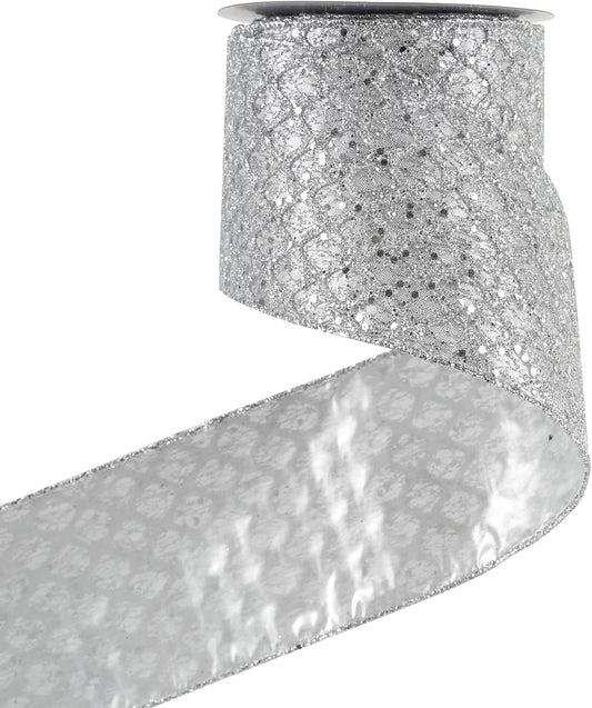 HUIHUANG Silver Christmas Ribbon 4 inch Silver Glitter Wired Ribbon Diamond Mesh Wire Ribbon for X-mas Tree Decorations, Wreaths, Garland, Large Bows Making, Home Decor -10 Yards - Crafty Corner