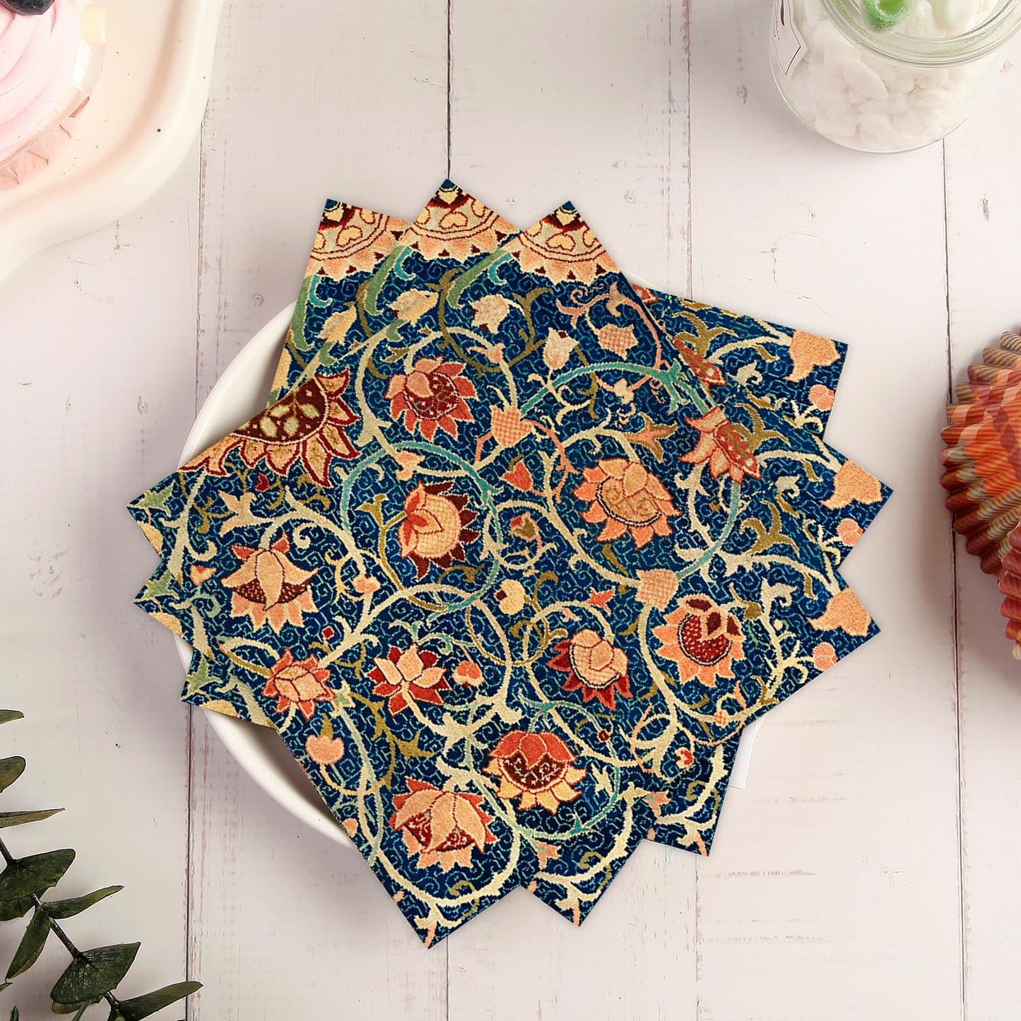 Quera 50 Pack William Morris Cocktail Napkins Vintage Floral Blue Paper Napkins Disposable Dessert Dinner Baby Shower Party Supplies Napkins Decorative -5 X 5 Inches