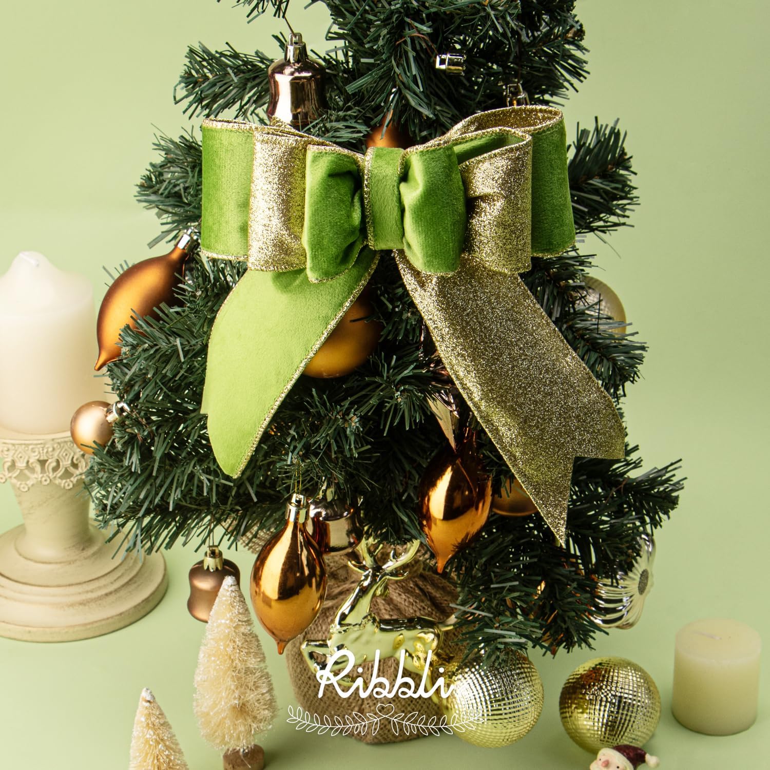 Ribbli Spring Moss Velvet Wired Ribbon 2.5 Inch Lime Green Velvet with Gold Glitter Christmas Ribbon for Christmas Tree Decoration Big Bow Gift Wrapping Crafts Wreaths Supplies- 10 Yards - Crafty Corner