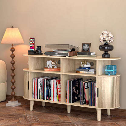 Large Round Record Player Stand with Charging Station & USB Ports，Record Storage Cabinet, Mid Century Modern Turntable Stand for Bedroom Living Room (Oak)