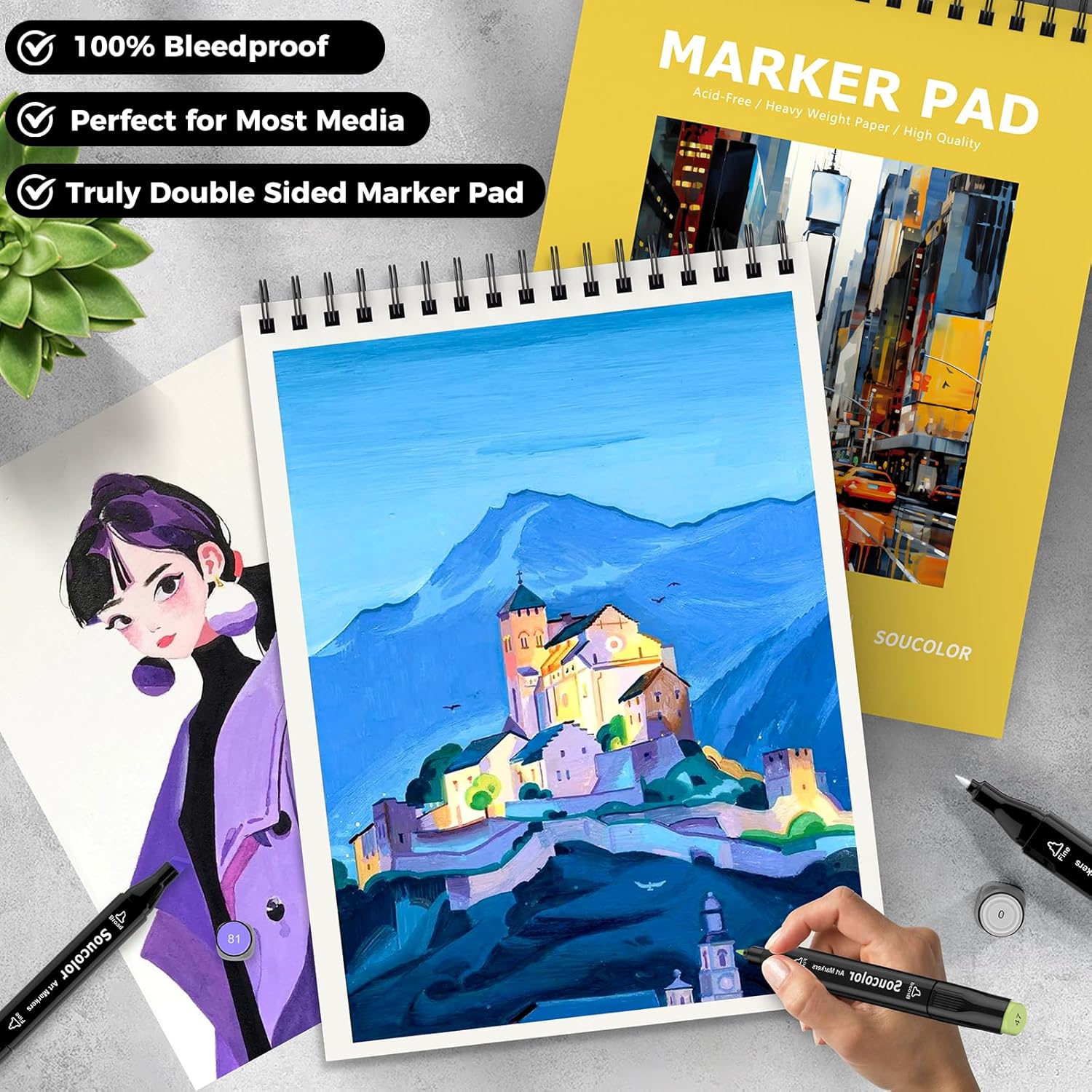 Soucolor 100 Sheets Marker Paper Pad, 9"x12" Bleedproof Art Sketch Pad, 73lb/120gsm Drawing Paper Spiral Sketch Book, Alcohol Marker Paper Painting Coloring Paper for Beginners, Artists, Kids - Crafty Corner