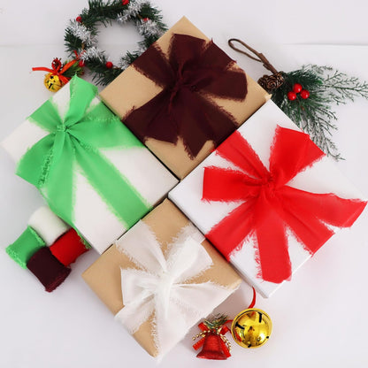 TONIFUL 4 Rolls Silk Chiffon Ribbon 1-1/2 Inch x 22 Yards, Bright Red and Green Handmade Fringe Silk Ribbon Set for Gift Wrapping Flowral Bouquets Crafts Christmas Wreath Elf-Themed Party Decoration - Crafty Corner