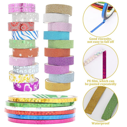 26 Rolls Glitter Washi Tape, Colored Masking Tape Set, 5mm/15mm Decorative Tape for DIY Art Crafting Scrapbooking Journaling Gift Packaging