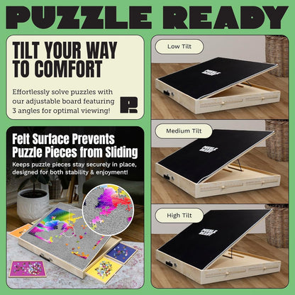 Puzzle Ready Wood Jigsaw Puzzle Board - 1500pc, 36x27in, 3 Angles - Color-Coded Trays & Drawers Organizer & Storage - Ergonomic Tilt Surface - Portable Puzzle Table with Drawers