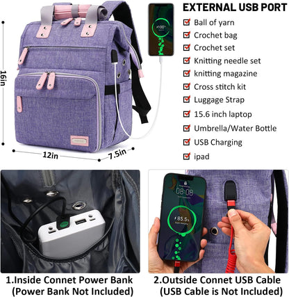 Crochet Backpack,Knitting Bag Backpack Yarn Storage Organizer Travel Crochet Bag with USB Charging Port,Large Yarn Tote Bag, Purple, Crochet Backpack, Travel