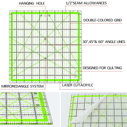Quilting Rulers, Acrylic Quilt Ruler,4 Square Fabric Cutting Ruler (4.5"X4.5", 6"X6", 9.5"X9.5", 12.5"X12.5"), Quilting Templates with Non Slip Rings.