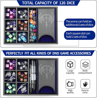 3 in 1 Dice Tray with Lid, Portable Dice Box Storage for DND, Dungeons and Dragons, D&D, MTG & RPG Games - Blue