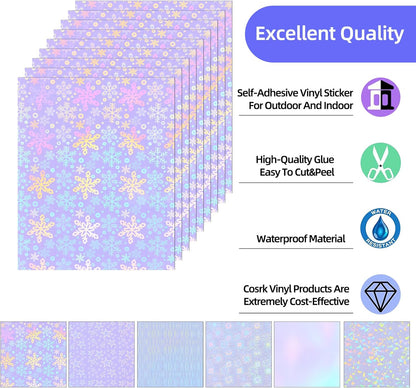 36 Sheets Holographic Sticker Paper, Clear Vinyl Laminate Film for Stickers Waterproof, Transparent Overlay Lamination Sticker Paper Self-Adhesive, 6 Patterns-8.5x11 Inch