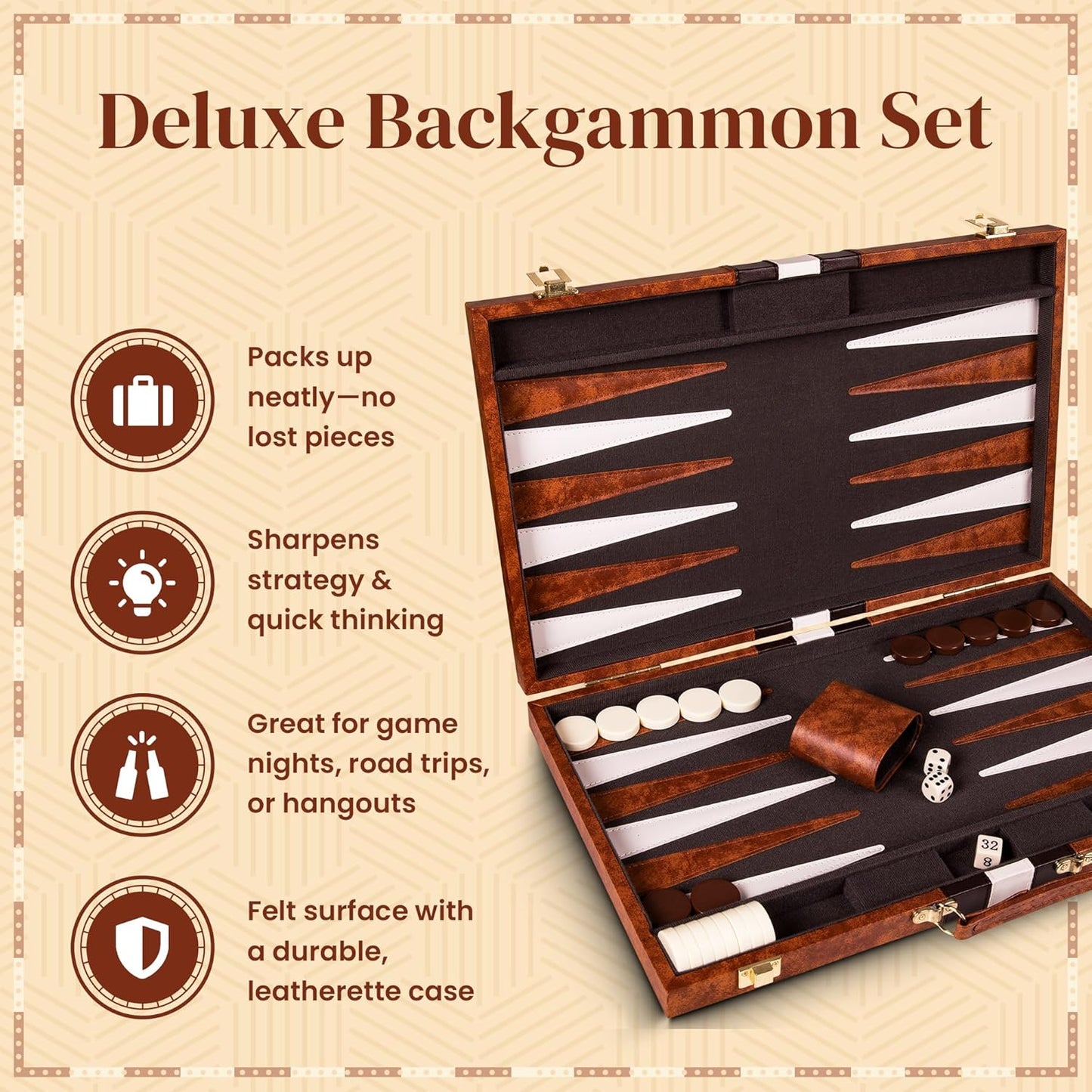 Backgammon Sets for Adults with Premium Leather Case | Classic Travel Backgammon Set for Adults and Kids with Strategy & Guide | 15 Inches | Medium | Brown