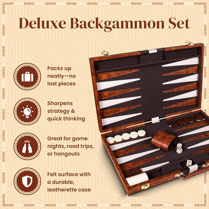 Backgammon Sets for Adults with Premium Leather Case | Classic Travel Backgammon Set for Adults and Kids with Strategy & Guide | 15 Inches | Medium | Brown
