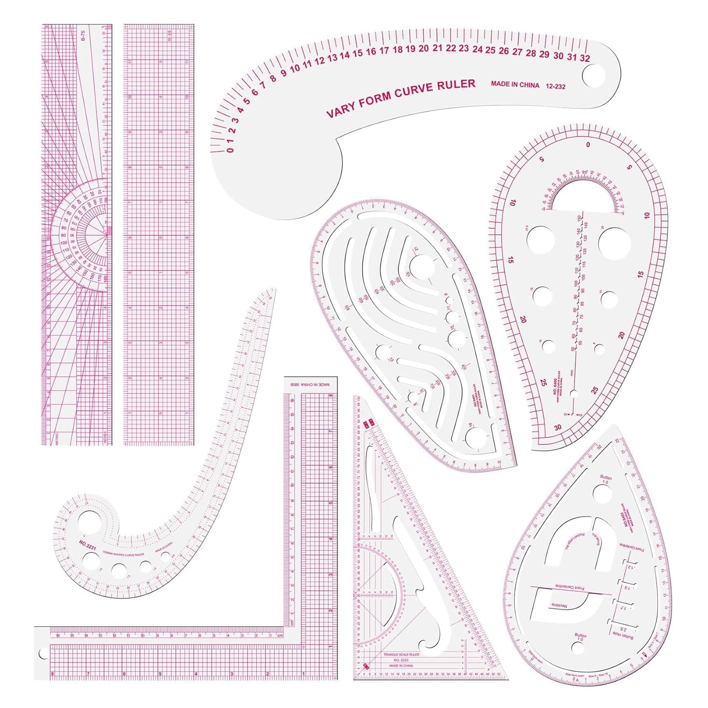 Fashion Clear Metric Sewing Ruler Set,French Curve Pattern Rulers for Beginners, Tailors, Designers, Quilting, Embroidery, Cross Stitch, Crochet, Knitting 9pcs