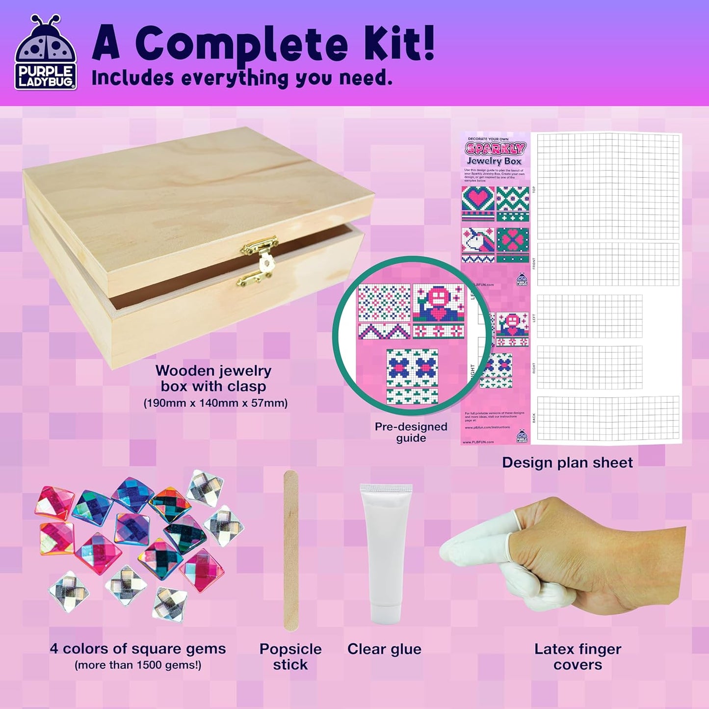 PURPLE LADYBUG Sparkly DIY Wooden Jewelry Box Craft for Girls 8-12 with 1500+ Non-Toxic Gems - Christmas & Birthday Gift for 4 5 6 7 8 9 10 11 12 Girl, Girls Toys 8-10 - Mosaic Mermaid Unicorn Design