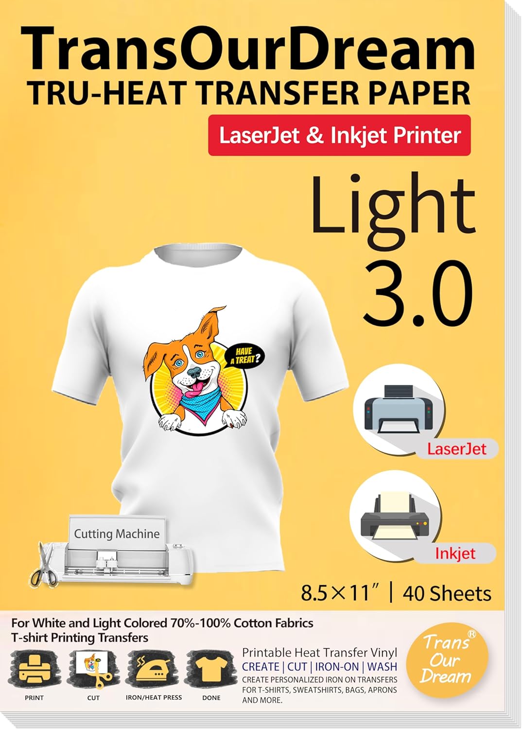 TransOurDream Heat Transfer Paper for Inkjet & Laserjet Printer (40 Sheets, 8.5x11, 3.0) Printable HTV Heat Transfer Vinyl for T Shirts Iron on Transfers for Light Fabrics (L3-40)