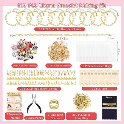 Wurosi 413 Pieces Gold Paperclip Charm Bracelet Making Kit, Including Paperclip Chain Bracelets, Charms, Jump Rings, Gift Bags, Pliers for Crafts Beginner Supplies Gift