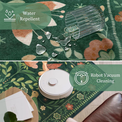 Morebes Washable Floral 5x7 Green Area Rug for Living Room, Large Boho Bird Rug for Bedroom Non Slip, Soft Vintage Plant Floor Carpet for Nursery Dining Kids Room Playroom Emerald Green