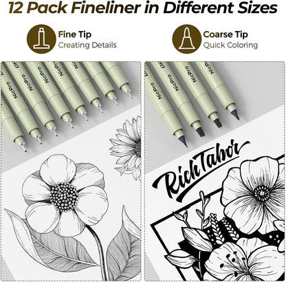 Nicpro 58PCS Art Drawing Supplies Kit in Leather Case, MP1000 Black Metal Mechanical Pencil Set with Drafting Pencil 0.5, 0.7, 0.9 & 2mm, 12 Micron Pen, Sketch Book, 30 Tube Lead Refills for Sketching
