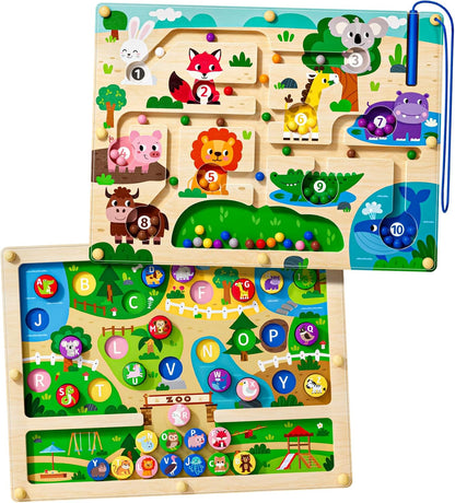 2 in 1 Magnetic Color and Number Maze Magnet Alphabet Counting Double Sided Board Wood Puzzle Fine Motor Skills Montessori Preschool Toys Gifts for Boys and Girls 3-5 Age (Zoo, One Size)