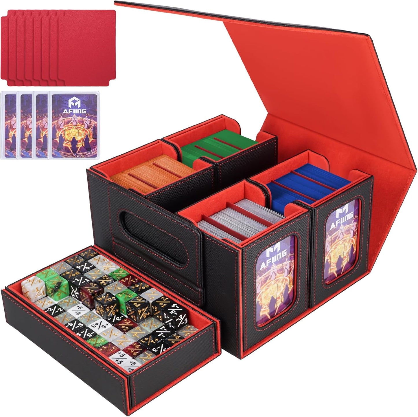 AFIING Commander Deck Box for MTG/EDH, Trading Card Storage Fits 400+ Double-Sleeved Cards, Display Window, 4 Removable Deck Cases, 8 Dividers, Dice Tray & Handle, 4 Toploader Holders (Black Red)