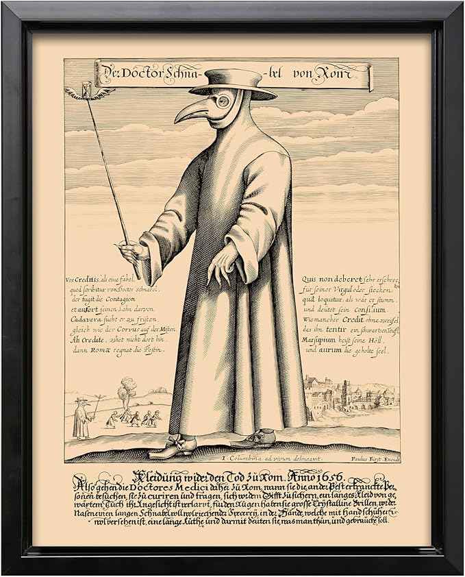 Poster Master Doctor Schnabel from Rome Canvas - Retro Plague Doctor Print - Medieval Art - Gift for Men & Women - Great Wall Decor for Dorm, Living Room or Bedroom - 18x24 Black Framed Canvas