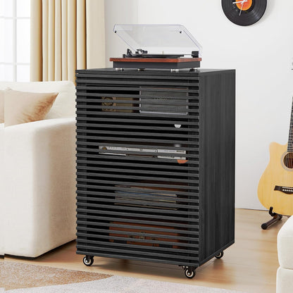 LEVNARY 5-Tier AV Media Cabinet with Grille Door & Adjustable Shelves, Modern Wooden Stereo Rack with Cable Management & Wheels, Audio Video Stand for Living Gaming Room Recording Studio (Black)
