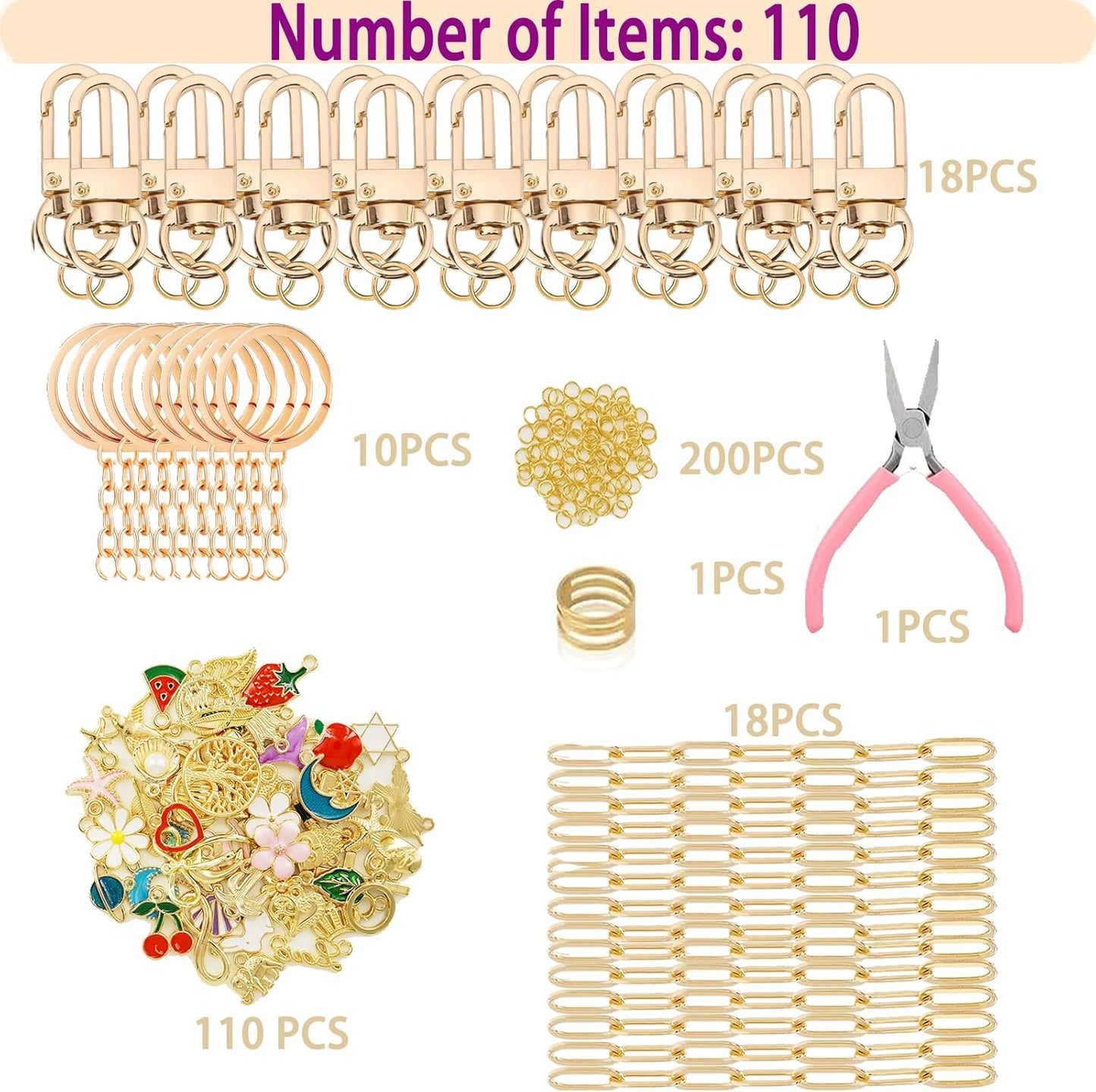 MORWLAT 358 PCS Gold DIY Keychain Making Kit Cute Bag Charm Kit 110 Charms 28 Keychain Clips with Key Ring Swivel Snap Hook Lobster Claw Clasps 200 Jump Ring Jewelry Plier DIY Set Women Craft (110) - Crafty Corner