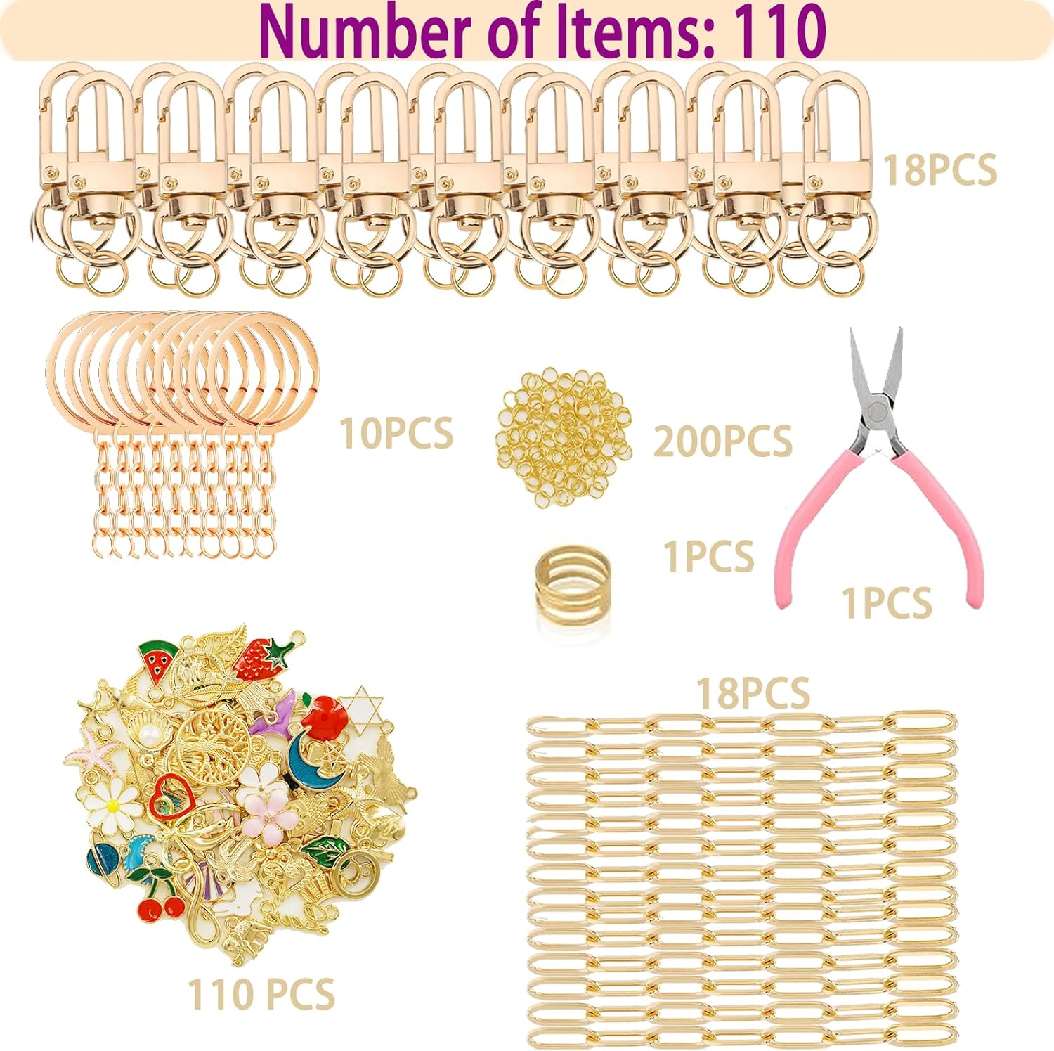 MORWLAT 358 PCS Gold DIY Keychain Making Kit Cute Bag Charm Kit 110 Charms 28 Keychain Clips with Key Ring Swivel Snap Hook Lobster Claw Clasps 200 Jump Ring Jewelry Plier DIY Set Women Craft (110) - Crafty Corner