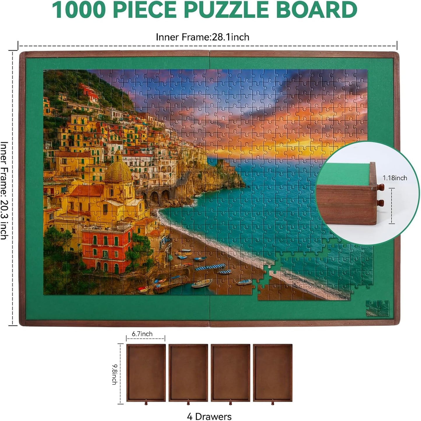 1000 Pieces Rotating Puzzle Board with Drawers and Cover, 28.1"x20.3" Portable Wooden Jigsaw Puzzle Table for Adults and Teens, Puzzle Board with Lazy Susan & Felt, Christmas Birthday Gift