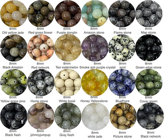 500pcs 8mm Natural Round Stone Beads,Multiolor Crystal Energy Stone,Loose Gemstone Accessories Hole Size 1mm,DIY Smooth Beads Necklace Bracelet for Jewelry Making (8mm 24Color 01 Material-A)